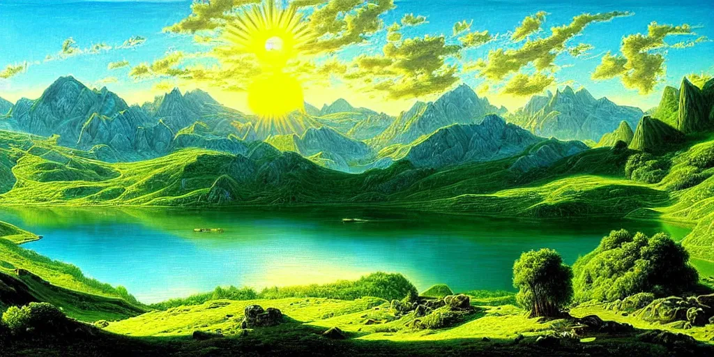 Prompt: a beautiful landscape, sun rises between two mountains, a lake in between the mountains, green, lush vegetation, blue sky, cloudy, painting by john stephans, extremely detailed, hyper realism