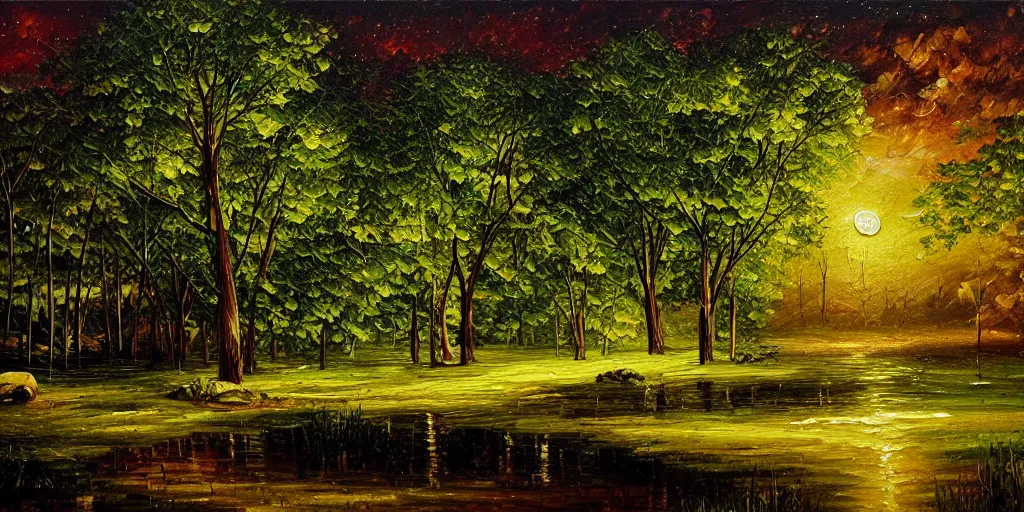 Prompt: nighttime nature landscape, lush, rich greenery, oil painting, ultra realistic, intricate, highly detailed, hd, sharp focus, warm colors, realistic, vivid colors, painting, non blurry, sharp, smooth, illustration