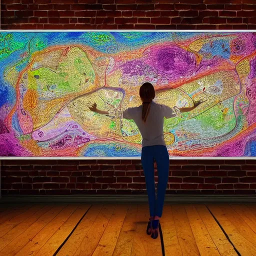 Image similar to a painting of a lady cartographer looking over a large paper map of psychedelic human consciousness. the map is resting on a wooden table. digital art painting featured on artstation