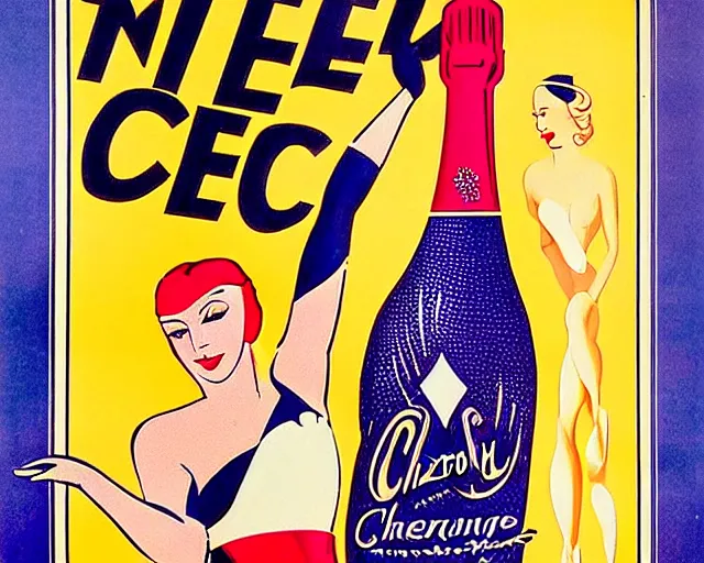 Image similar to art deco poster, dancer, cher, melchizedek champagne bottle. cheerful, bright