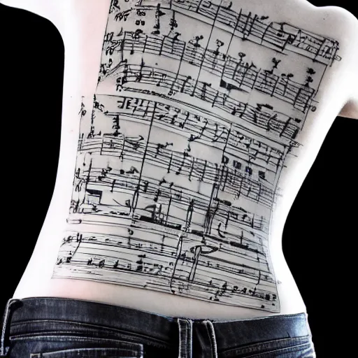 Image similar to a back with sheet music tattoed onto it, close up shot.