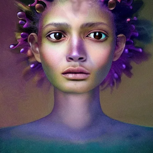 Image similar to a medium shot of a brown woman wearing a luminous armor made of neon jelly fishes. jellyfish eyes. soft lighting. layered. textured. fragile. piercing eyes!! coherent face!! no makeup!! muted colors. by ray caesar. by louise dahl - wolfe. by andrea kowch. surreal photography