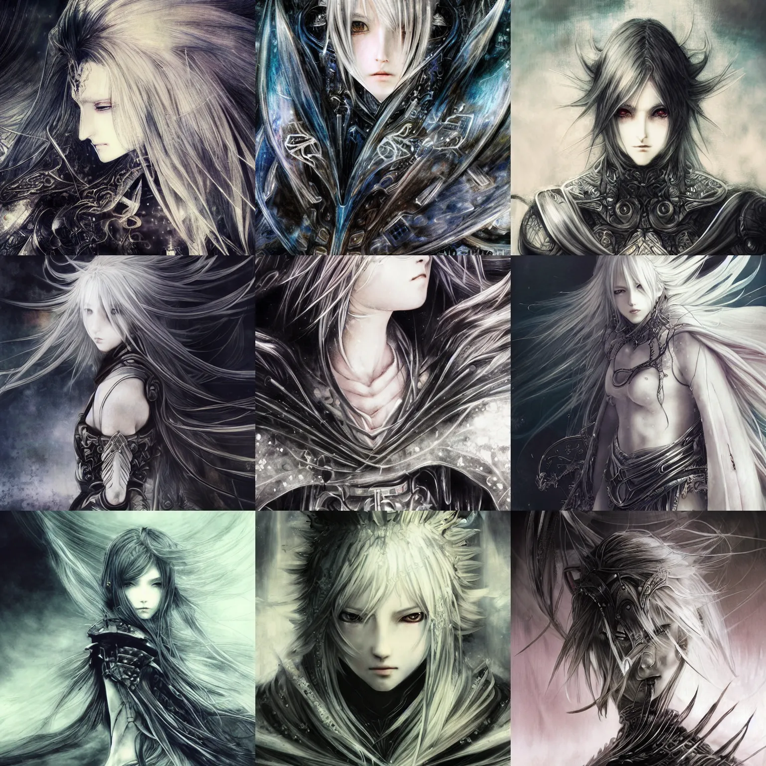 Prompt: yoshitaka amano style illustration, blurred and dreamy illustration, final fantasy promo illustration, anime girl with long wavy white hair and cracks on her face, elden ring armour with cloak, abstract black and white patterns on the background, noisy film grain effect, highly detailed, renaissance oil painting, weird portrait angle