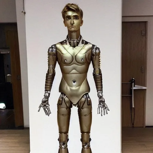 Image similar to “a realistic detailed photo of a guy who is an attractive humanoid who is half robot and half humanoid, who is a male android, twitch streamer Ninja Tyler Blevins, shiny skin, posing like a statue, blank stare”