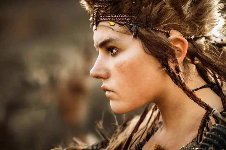 Prompt: close - up photo of a beautiful warrior princess in a battle scene, shallow depth of field, photorealistic, cinematic lighting, warm colours, dusk