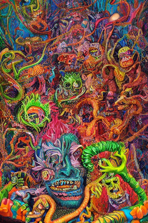 Prompt: a very high hyperdetailed painting with complex textures of a group of monsters united within a larger monster, made of candies and psychotropic psychoactive substances psychedelic fulcolor spiritual chaos surrealism horror bizarre psycho art