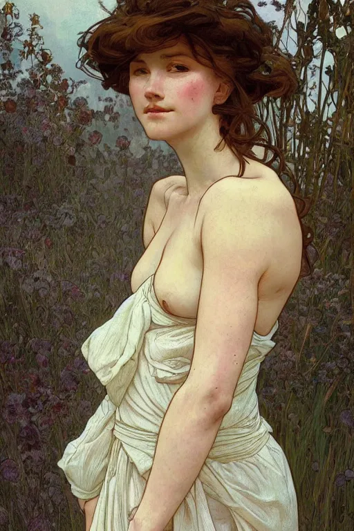 Image similar to beautiful natural coy cottagecore peasant maiden life drawing, intricate, elegant, highly detailed, digital painting, artstation, concept art, smooth, sharp focus, illustration, art alphonse mucha and james gurney and wlop