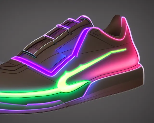 Image similar to A 3D model of of futuristic nike sneakers with neon lights from below, highly detailed, award winning, octane render