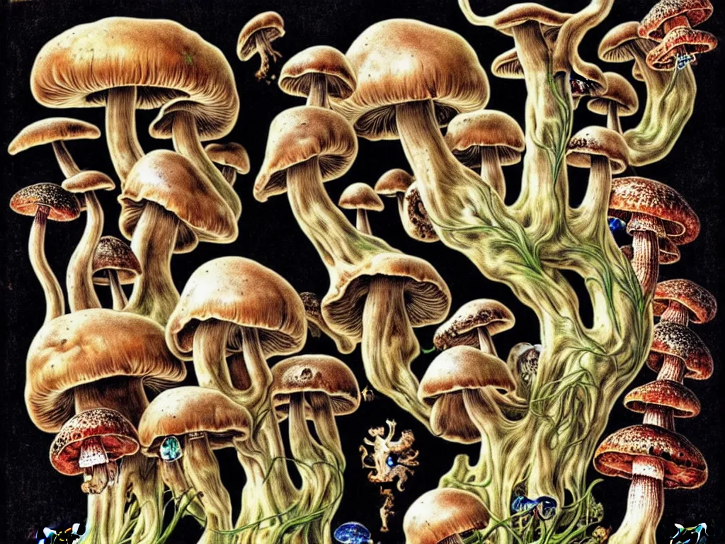 Image similar to human eating yourself with mushrooms, neo surrealism, art by ernst haeckel and daniel martin diaz