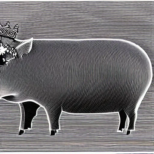Prompt: anaglyph 3d line landscape drawing of a pig wearing a crown in black and white, 35mm