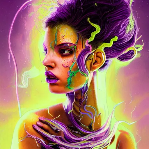 Image similar to detailed photo portrait of a furious teen girl with thin, hair-like purple tentacles on her head and bright purple eyes, 8k,by tristan eaton, Stanley Artgermm,Tom Bagshaw,Greg Rutkowski,Carne Griffiths,trending on DeviantArt, face enhance,hyper detailed ,full of colour, dramatic lightning