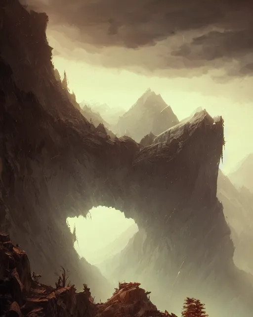 Image similar to a mountain in the shape of wolf dental arch, terrifying, environment art, fantasy art, landscape art, in the style of greg rutkowski, illustration, epic, fantasy, intricate, hyper detailed, artstation, concept art, smooth, sharp focus, ray tracing