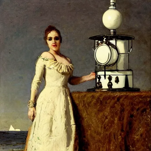 Image similar to model in a ballroom dress holding an antique diving helmet by the sea, by alfred stevens