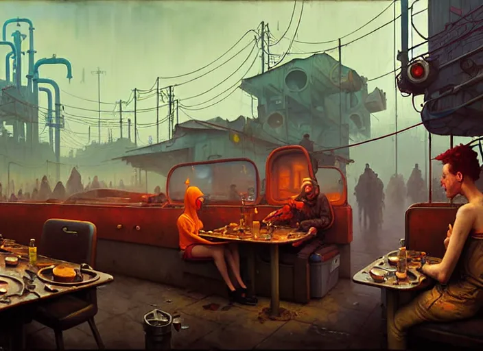 Prompt: waiting in line for crude oil by simon stalenhag and gil elvgren and tom bagshaw and marc simonetti and jan miense molenaer and arthur adams, dystopian slums, diner, highly detailed, hyperrealism, smog, low contrast, low saturation, gas masks