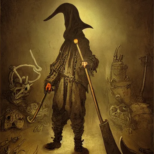 Prompt: plague doctor, large scythe, mask with beak, monster character design, fantasy, terror. by rembrandt, illustration, hyperdetailed, 8 k