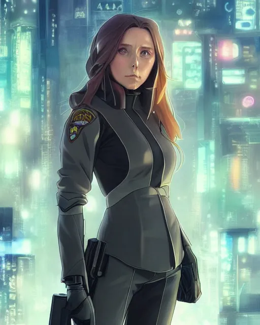 Prompt: anime key visual of elizabeth olsen police officer, cyberpunk, futuristic, stunning features, very very perfect face!!, high detailed, digital painting, artstation, smooth, soft focus, illustration, art by artgerm and greg rutkowski and alphonse mucha