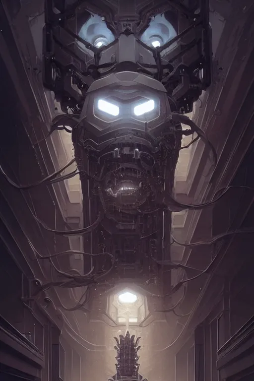 Image similar to professional concept art symmetrical portrait of a ominous floating!! mechanical terrifying!! species thing in a dark room by artgerm and greg rutkowski. an intricate, elegant, highly detailed digital painting, concept art, smooth, sharp focus, illustration, in the style of cam sykes.