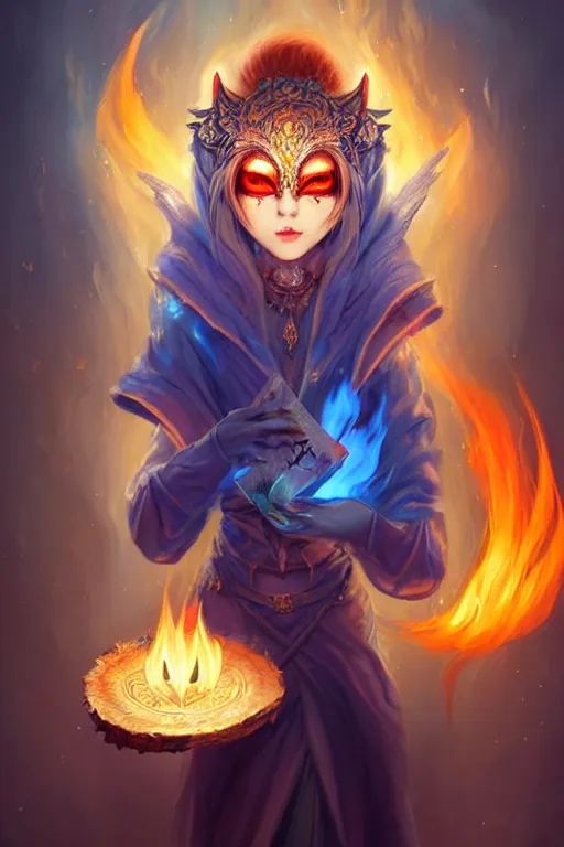 Image similar to gorgeous!!! hyper - realstic sorceress with a kitsune mask, holding a tattered magical book, casting a flame spell, blue flames | drawn by wlop, drawn by jeehyung lee, drawn by artgerm | fantasy, dark, intricate, highly detailed, digital painting, character design, concept art, illustration, artstation