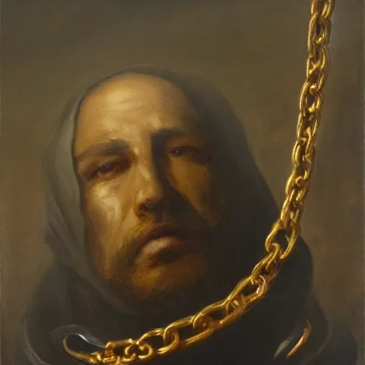 Prompt: a man wearing long dark shadowy cloak, golden chains, face covered by shadow, oil painting, high detail