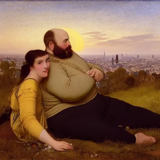 Prompt: An overweight, partially bald, middle aged man with a scruffy beard shares a loving embrace with a thin girl on primrose hill, overlooking the city of London. They are having a picnic. Golden hour. by paul delaroche, alphonse mucha and arnold böcklin arnold böcklin hyperrealistic 8k, very detailed