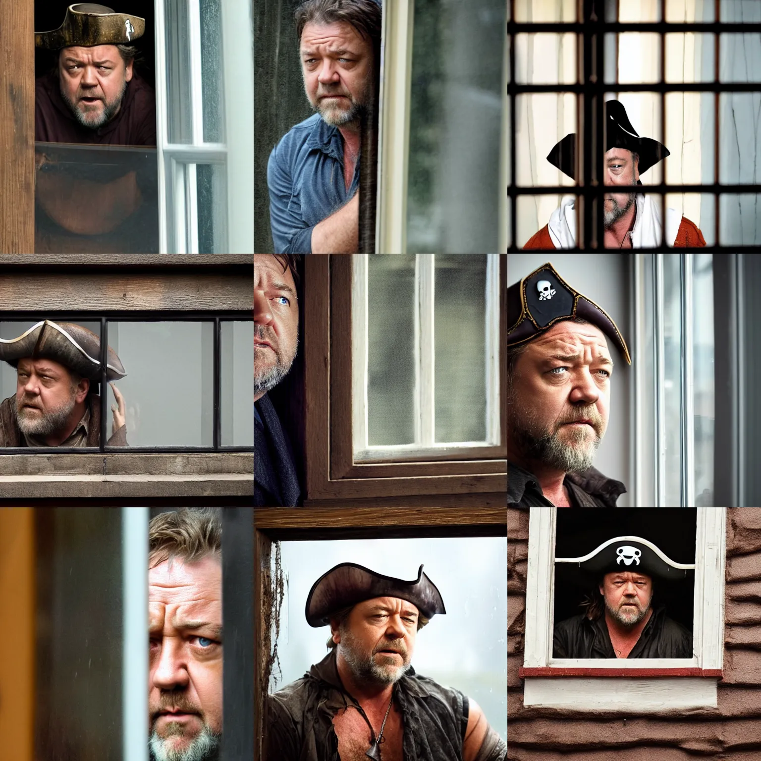 Prompt: concerned russell crowe with pirate hat peering out from a small dirty rainy window, wooden wall