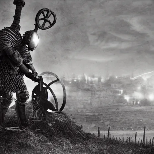 Image similar to wise angle photo of viking in armor working on the mechanical ancient device, tools and junk on the ground,wires and lights, old village in the distance, vintage old photo, black and white, sepia