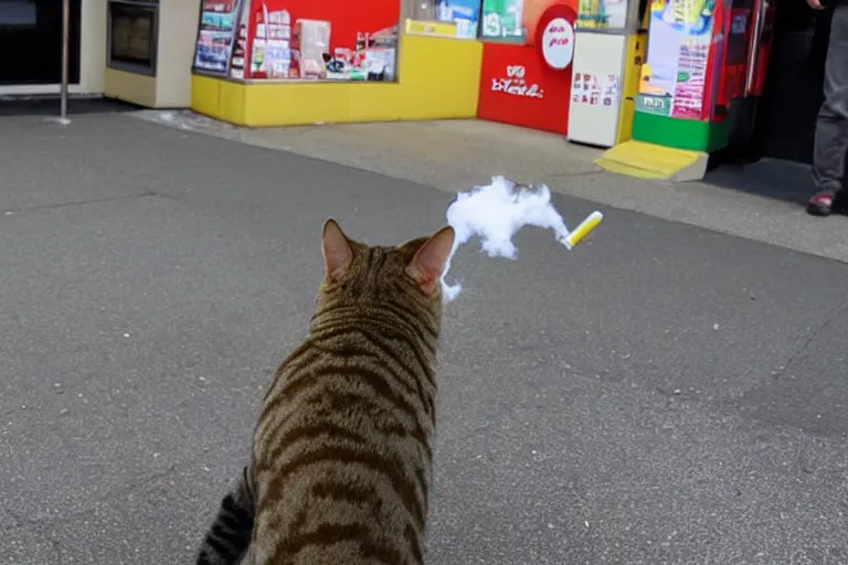 Image similar to cat smoking a cigarette in 7 - eleven