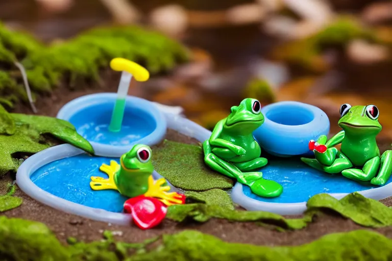 Prompt: fisher price frog pond, california, in 2 0 1 5, perfect focus, scene from tv show 5 5 mm 8 5 mm, toy photography, made out of plastic