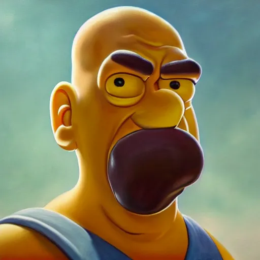 Prompt: An ultra realistic portrait painting of Homer Simpson in the style of Frank Frazetta, 4k, Ultra realistic, Highly Detailed, Dark Fantasy, Epic Lighting