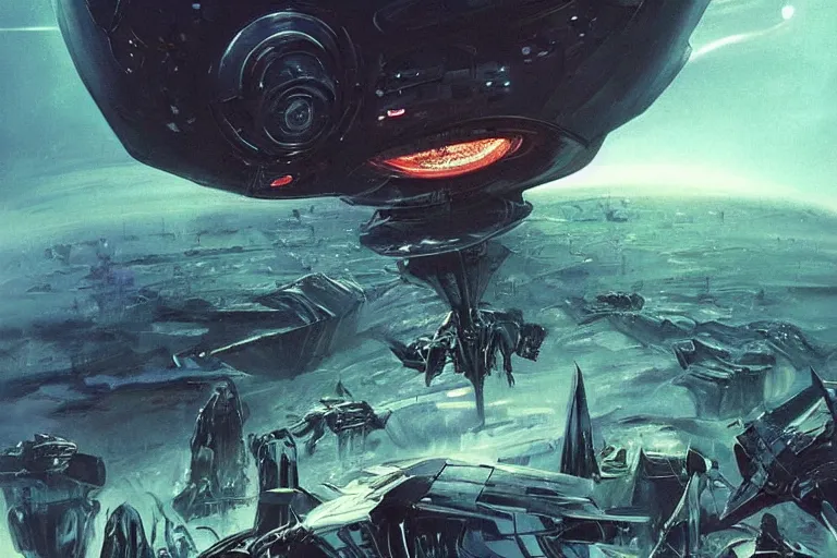 Image similar to a black alien spaceship descending on earth, weird angles, cinematic, shadows, 4 k, detailed, by john berkey!!!!!! and peter jackson and ridley scott and beeple!!! and greg rutowski