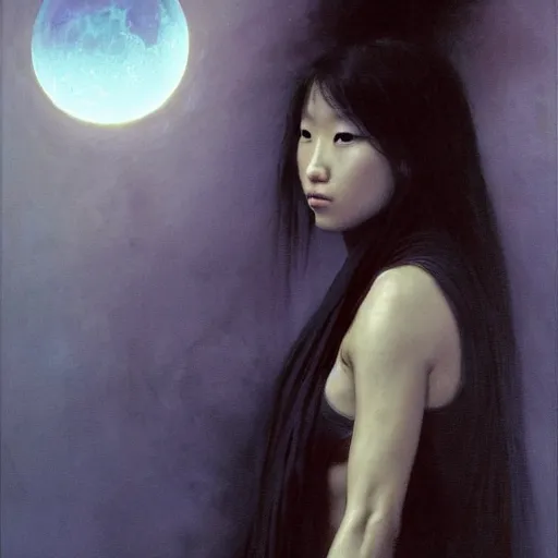 Image similar to awe-inspiring award-winning concept art painting of attractive Ashley Liao in black shrouds as the goddess of the moonbow, rainbow, by Michael Whelan, William Adolphe Bouguereau, John Williams Waterhouse, and Donato Giancola, cyberpunk, extremely moody lighting, glowing light and shadow, atmospheric, shadowy, cinematic, 8K,