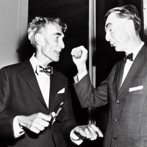 Image similar to bill nye the science guy punching Robert Oppenheimer