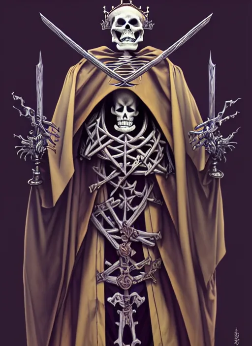 Image similar to undead skeleton king, wearing an academic gown, tarot card, highly detailed, deep focus, elegant, digital painting, smooth, sharp focus, illustration, ultra realistic, 8 k, art by artgerm and alphonse mucha and greg rutkowski