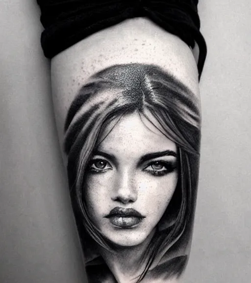 Image similar to a beautiful girl portrait, faded mountain background, realism tattoo, in the style of den yakovlev, black and white, hyper realistic, highly detailed