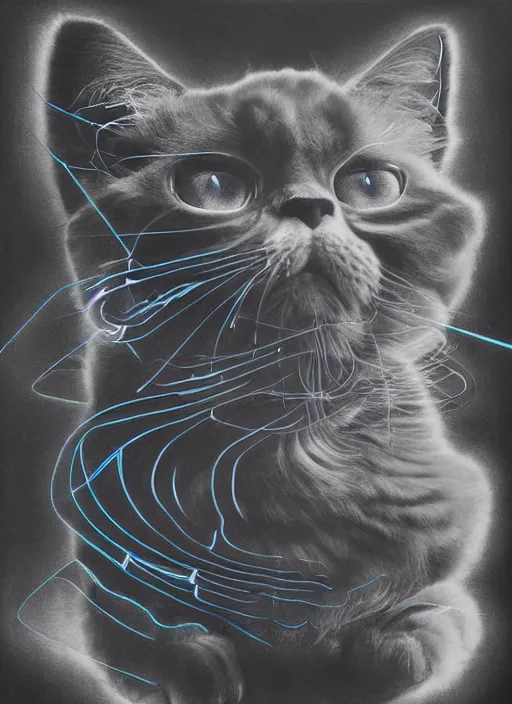 Image similar to futuristic laser beams tracing, laser cat, selkirk rex longhair, by steven meisel, kaws, rolf armstrong, mondrian, kandinsky, perfect geometry abstract acrylic, octane hyperrealism photorealistic airbrush collage painting, dark monochrome, fluorescent colors, minimalist rule of thirds, eighties eros