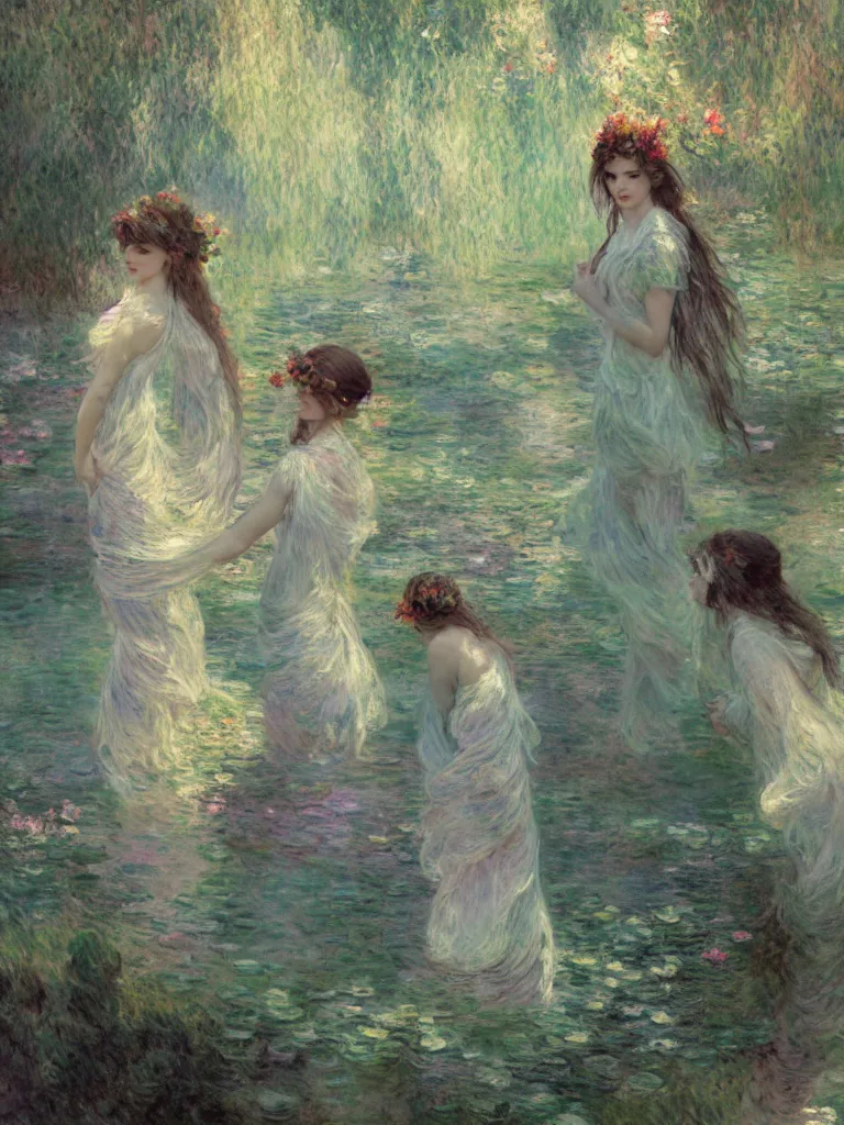 Image similar to illustration studio portrait of three beautiful seraphim female energy in artistic poses in a river in nature, monet painterly motives and textures pattern, hyper detailed, octane render, vivid colors, artstation, by jeremy mann, by alphonse mucha, by monet