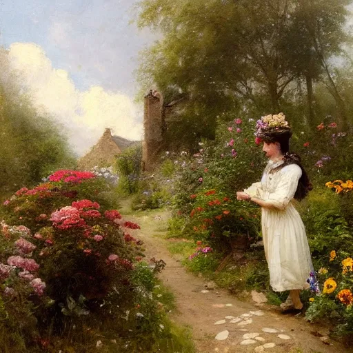 Image similar to jean-Baptiste Monge and Solomon Joseph Solomon and Richard Schmid and Jeremy Lipking victorian genre painting portrait painting of an english country cottage with a stone path and flower garden