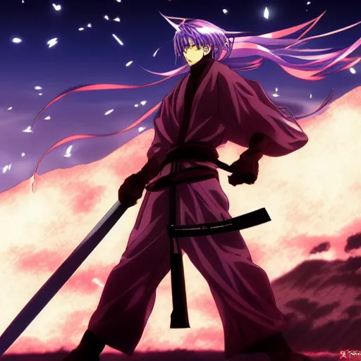 Image similar to anime drifters man with large samurai sword at night under full moon kouta hirano