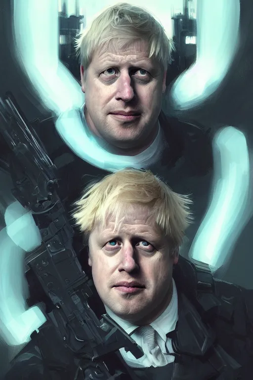 Image similar to Boris Johnson as Punisher, portrait, highly detailed, digital painting, artstation, concept art, sharp focus, illustration, cinematic lighting, art by artgerm and greg rutkowski and alphonse mucha