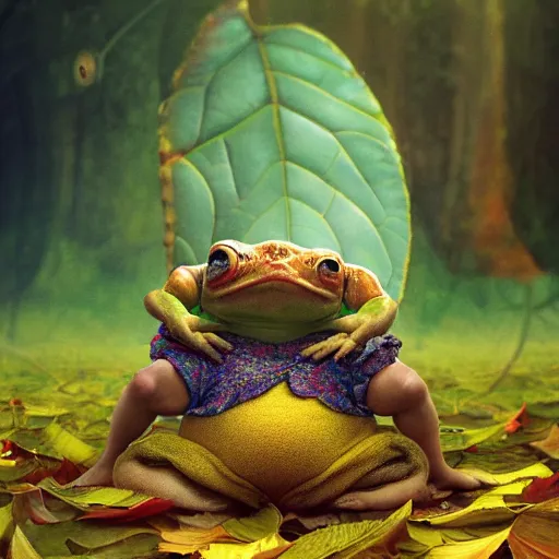 Image similar to funny long shot of a crazy toad baby sitting in a leaf cup, by esao andrews, by m. w. kaluta, ultra humorous illustration, small depth of field, perspective perception, volumetric light, psychedelic colors, 3 d octane render, 8 k, conceptart, hyperdetailed, hyperrealistic, trending on artstation