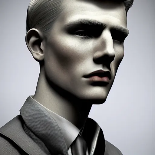 Image similar to A videogame portrait of a blond young Irish man with high cheekbones. Good bone structure. Dressed in 1940s style. Highly detailed, fine Art, high detail, great lighting, 8k resolution, masterpiece, concept art, illustration, clear eyes, painting oil on canvas, octane render, HDR, trending on artstation, 4k, 8k, HD