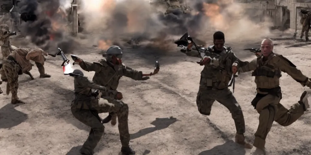 Image similar to movie still of hilary clinton fighting colonel gadafi in libya, wide shot, realistic, octane render