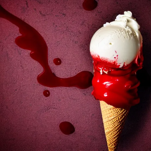 Prompt: a detailed photograph of an ice cream cone dripping with blood after being used as the murder weapon