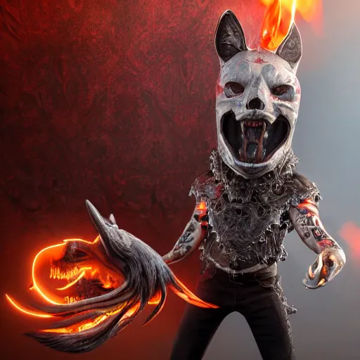 Prompt: highly detailed render of a man wearing a skull fox mask playing a red sintethizer, full body with tattoos, two arms two legs, vray render, unreal engine, highly detailed faces, thin body,