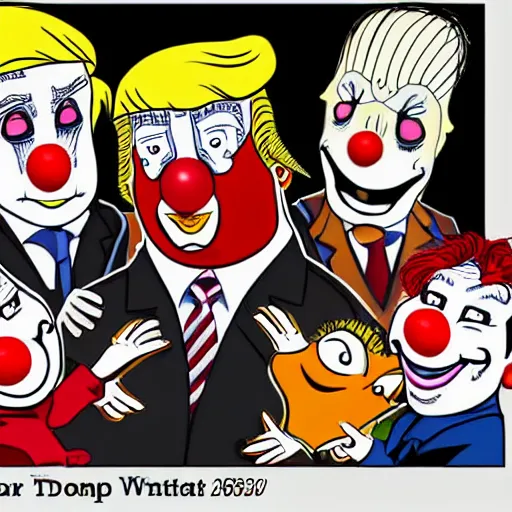 Image similar to Donald Trump as a clown with a group of clowns, trending on deviantart