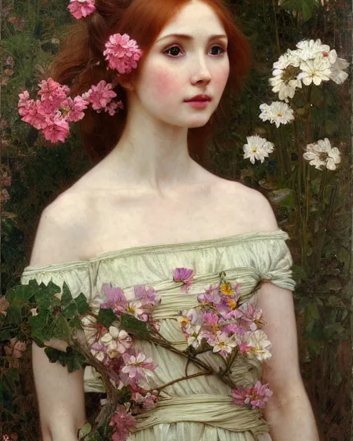 Prompt: a realistic oil painting of a girl resembling karen gillan, covered in flowers, highly detailed, intricate, artstation, by mucha, by william adolphe bouguereau, by waterhouse