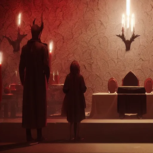 Image similar to demon invitation ceremony, ultra realistic, horror, cinematic, occult