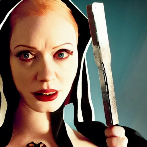 Image similar to photo of christina hendricks as a cyberpunk nun warrior with holy weapons