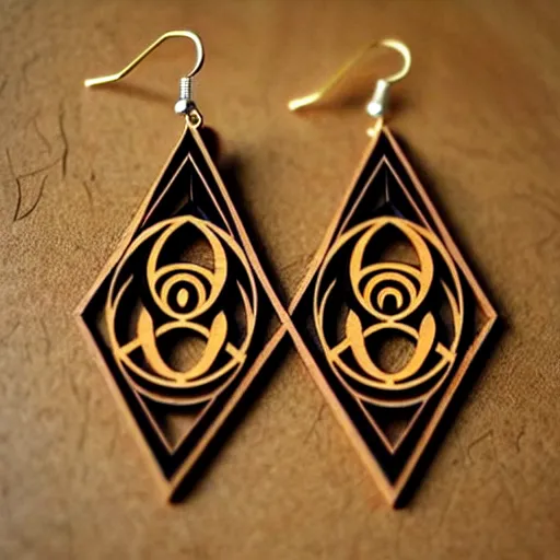 Image similar to 2 d wood lasercut earrings, mystical symbols, 8 k, hd, trending on amazon on artstation, trending on deviantart, trending on etsy, epic digital art