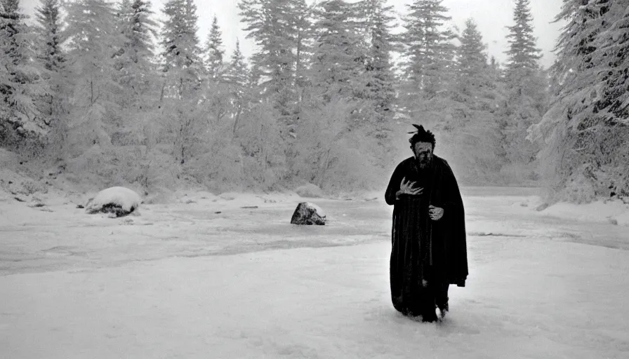 Image similar to 1 9 6 0 s movie still of marcus aurelius frozen to death under the snow by the side of a river in a red toga with a tired marked face, pine forests, cinestill 8 0 0 t 3 5 mm, high quality, heavy grain, high detail, texture, dramatic light, anamorphic, hyperrealistic, detailed hair, foggy